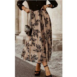 Apricot Floral Leaves Embroidered High Waist Maxi Skirt